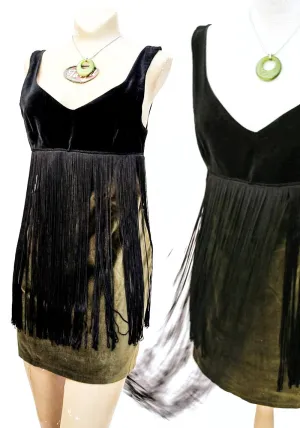 1980s Vintage Green & Black Velvet Fringed Mini Dress • 60s Style Go Go
