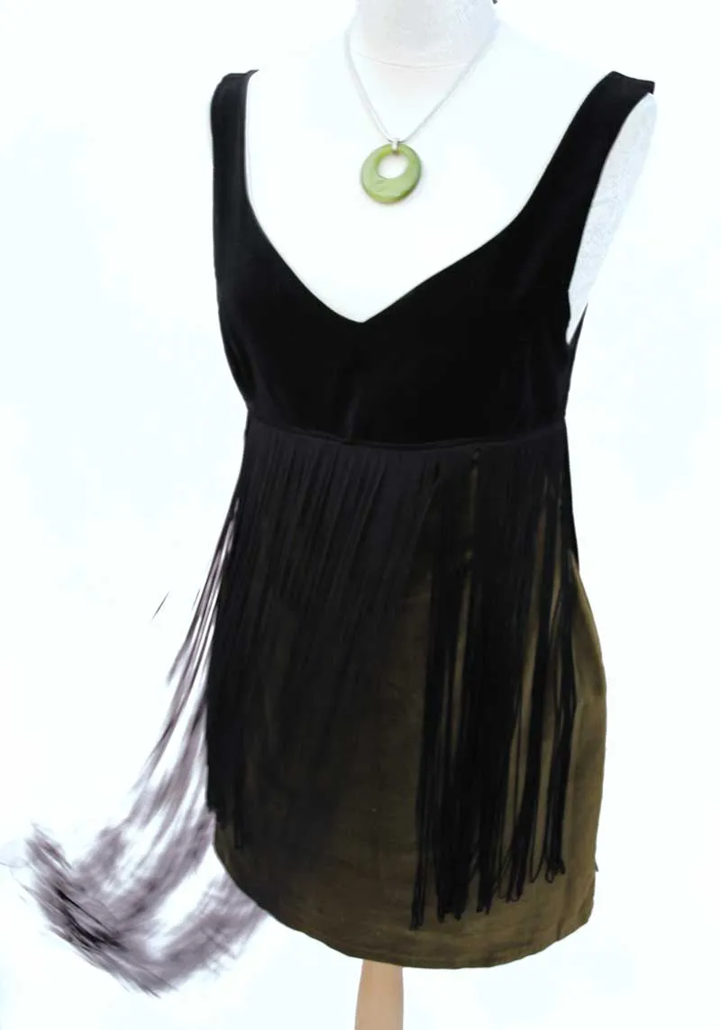 1980s Vintage Green & Black Velvet Fringed Mini Dress • 60s Style Go Go