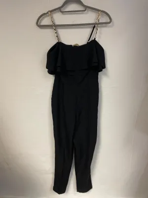 Black jumpsuit with gold chain straps, Miss Selfridge, Size 6 (Polyester)