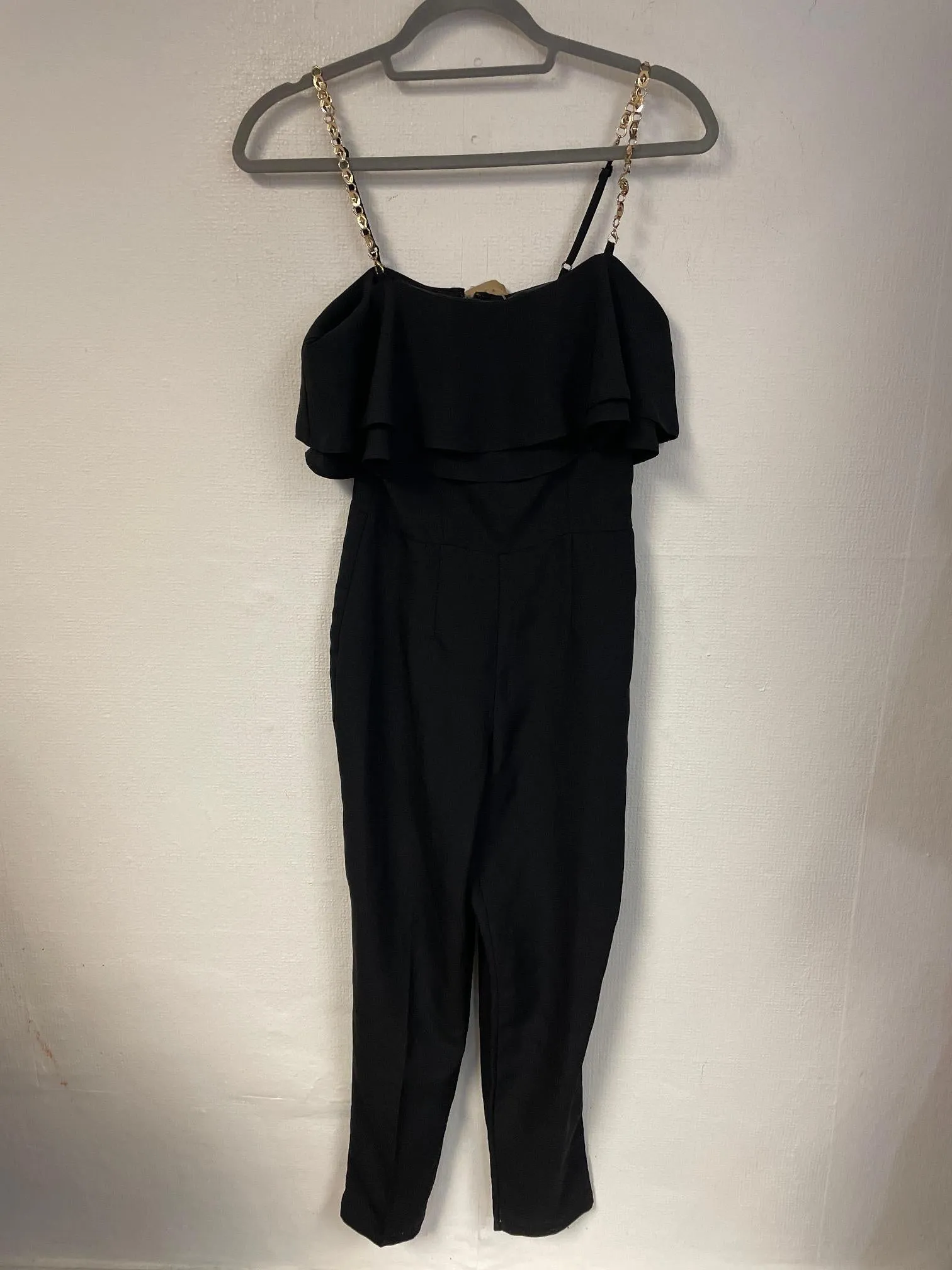 Black jumpsuit with gold chain straps, Miss Selfridge, Size 6 (Polyester)