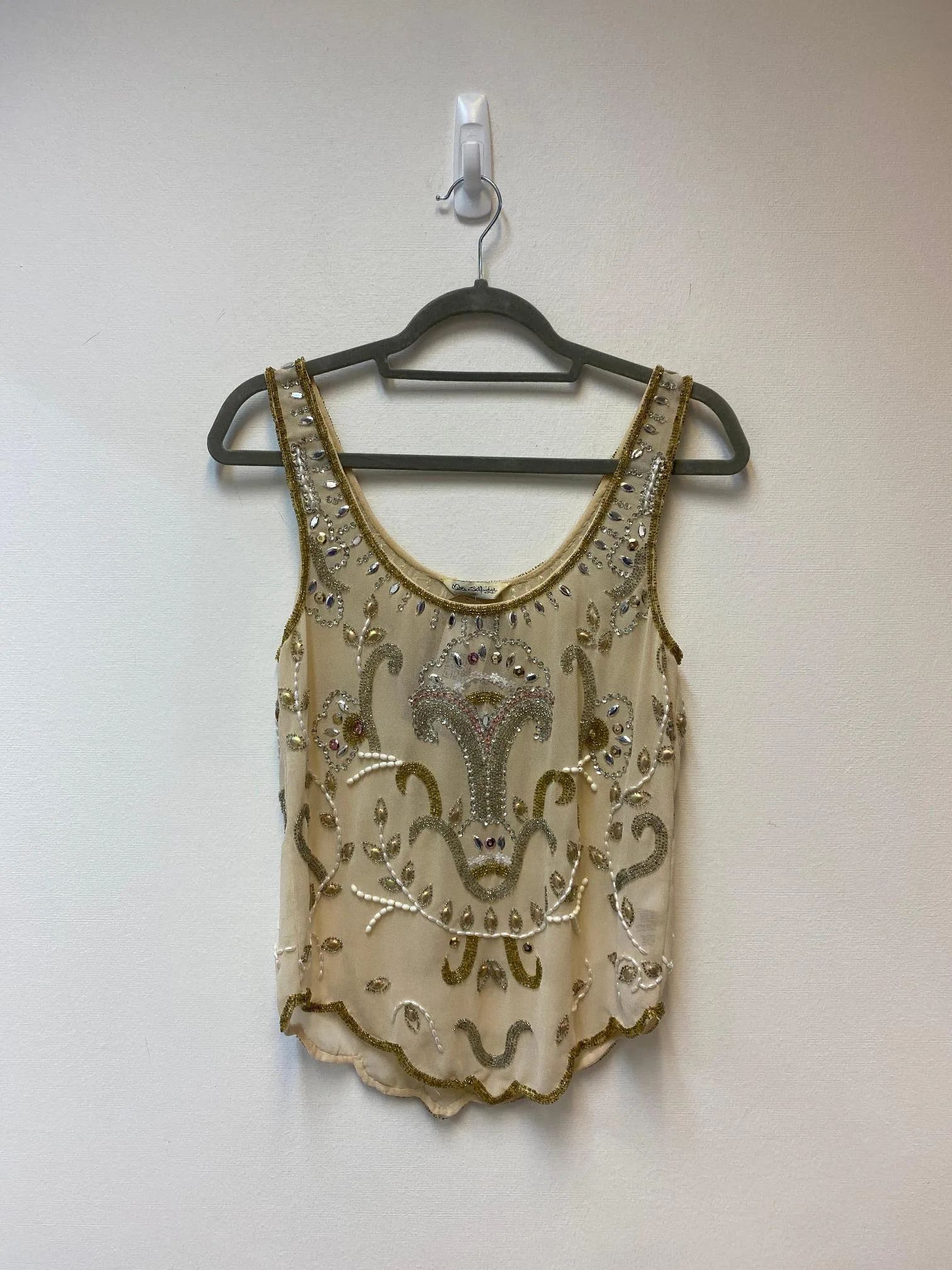 Cream sheer beaded embroidered cami scalloped hem top, Miss Selfridge, Size 6