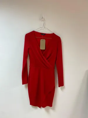 Red long sleeve wrap front knee length dress, Miss Selfridge, Size 8 (Elastane, Polyester)