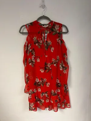 Red sheer cold shoulder floral mini dress, Miss Selfridge, Size 10 (Polyester)